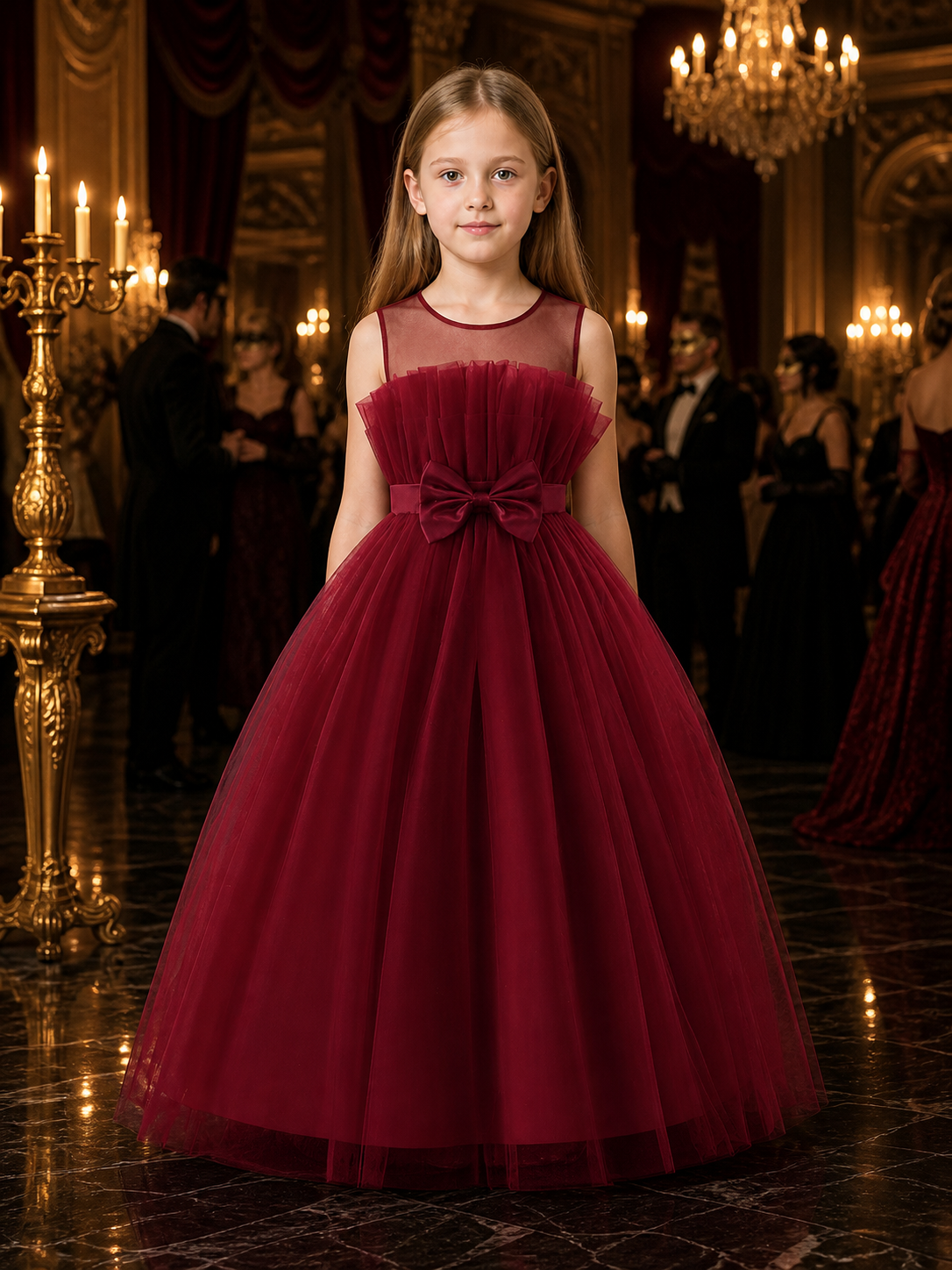Girls' Maroon Long Flower Girl Princess Dress, Layered Tulle Skirt and Bow Costume Dresses detail
