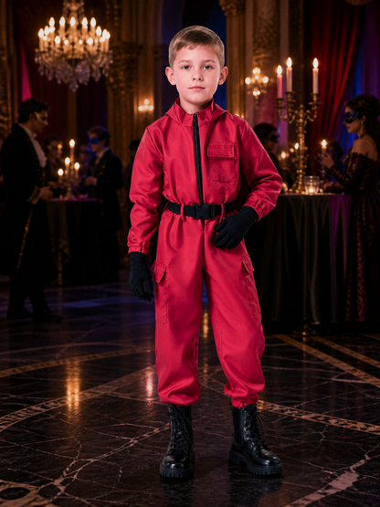 Red Character Workwear Jumpsuit Costume with Belt and Zipper, Halloween Outfit Costumes detail