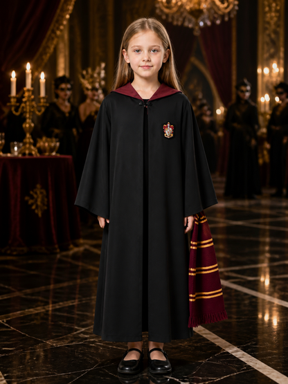 Kids Wizard Robe Costume Set with Striped Scarf, Black, Red and Gold Costumes detail