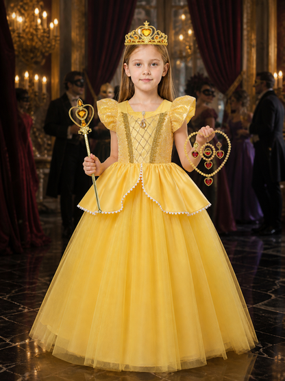 Girls Yellow Princess Sequin Tulle Dress Costume Set with Crown and Magic Wand Costume Dresses detail
