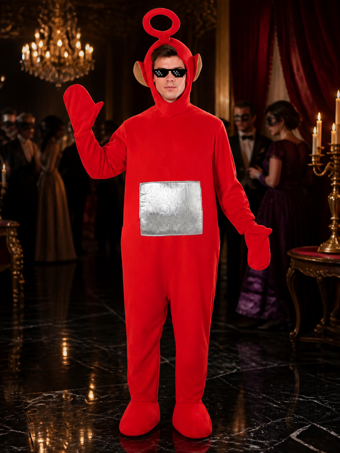 Adult Teletubbies Po Costume, Red Hooded Footed Jumpsuit with Ring Antenna and Costumes detail