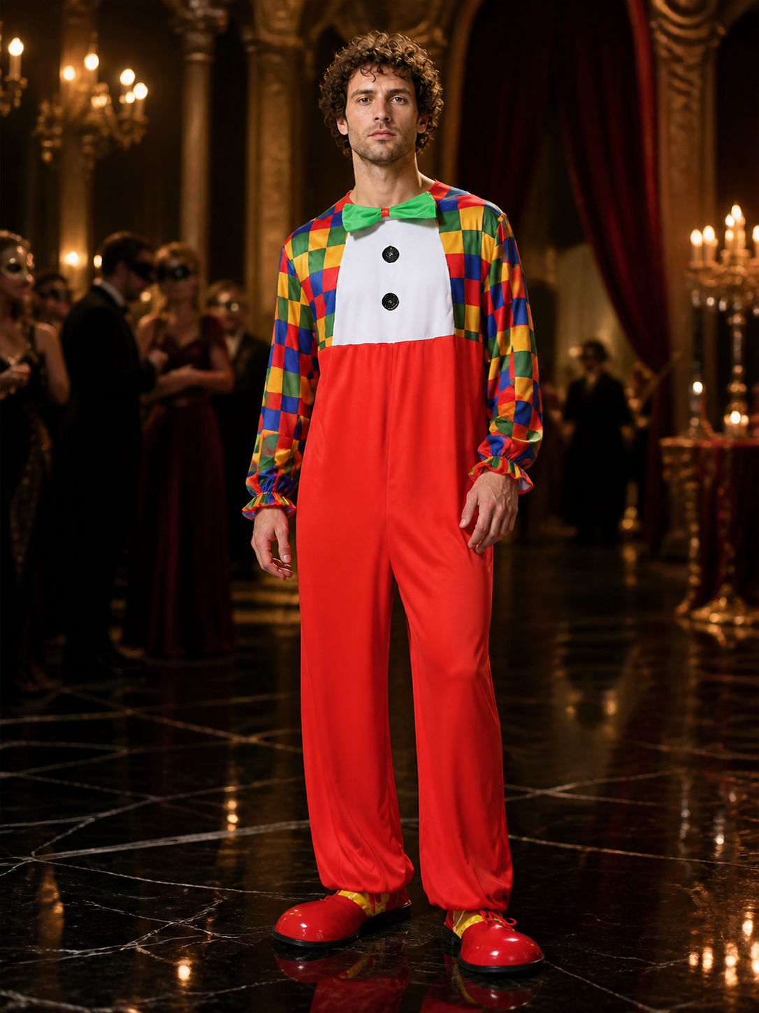 Adult Clown Jumpsuit Costume with Colorful Checkered Print and Bow Tie Costume Accessories detail