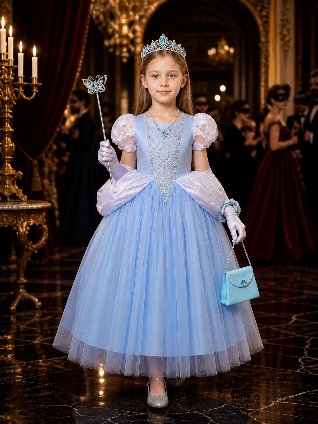 Girls Cinderella Princess Dress Costume - Light Blue Tulle Gown with Crown Costume Dresses detail