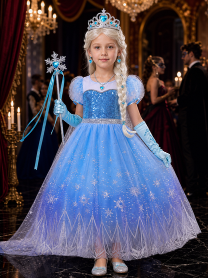 Girls Snow Queen Blue Sequined Puffy Gown Costume Set With Wig And Crown For Costume Dresses detail