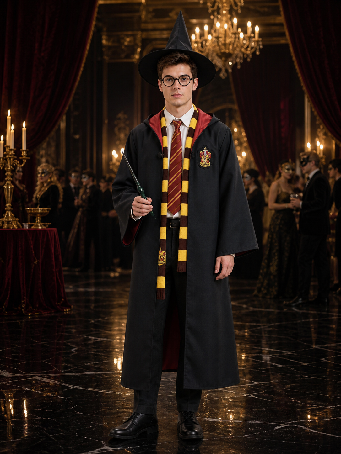 Wizard Costume Set With Robe, Hat, Scarf, Glasses, Tie And Wand Costume Headwear detail