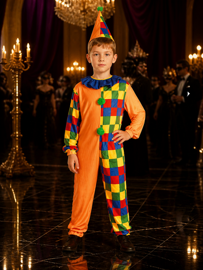 Kids' Colorful Clown Jumpsuit Costume Set with Pointed Hat Costume Headwear detail