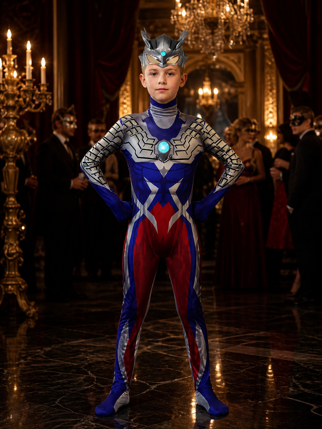 Silver Blue Red Superhero Bodysuit Costume With Helmet, Light-Up Details Costumes detail