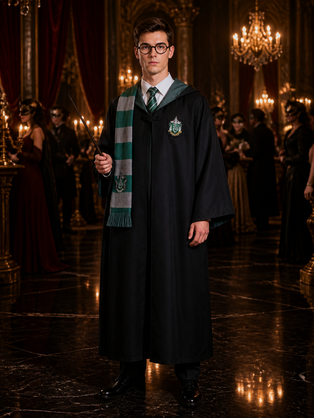 Slytherin-Themed Hooded Wizard Robe Costume Set With Scarf, Tie, Glasses And Costumes detail