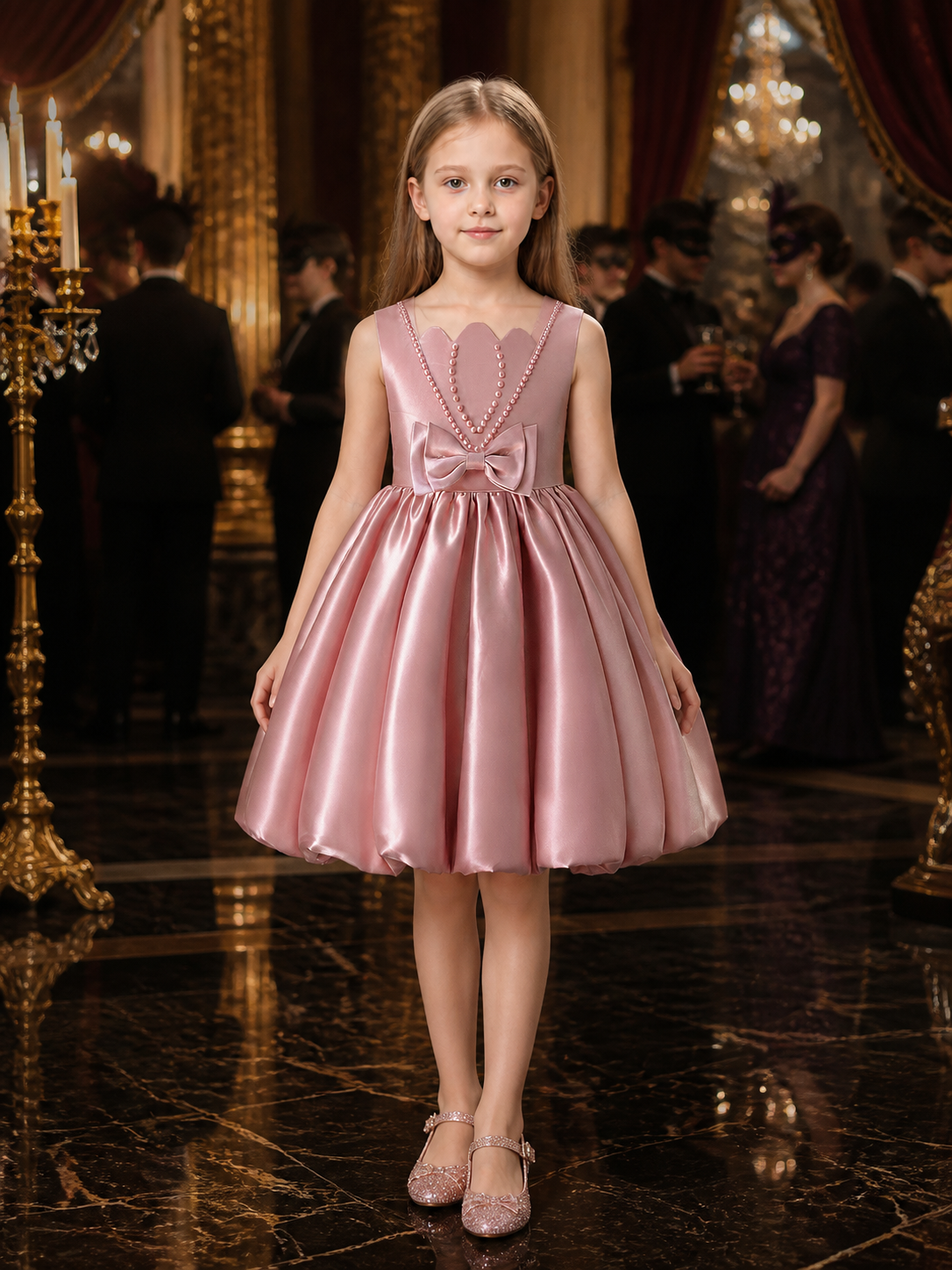 Girls' Dusty Pink Princess Formal Dress, Sleeveless Bow and Pearl Chain Detail Costume Dresses detail