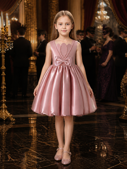 Girls' Dusty Pink Princess Formal Dress, Sleeveless Bow and Pearl Chain Detail Costume Dresses detail
