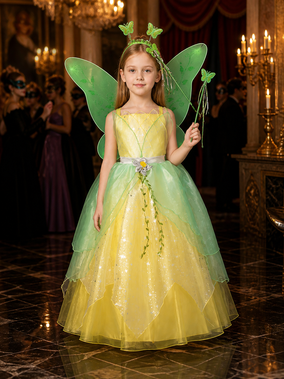 Girls' Fairy Princess Costume Dress with Butterfly Wings and Green Vine Pattern