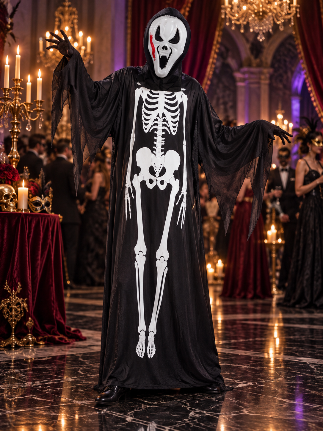 Skeleton Costume: Robe with White Print, Mask