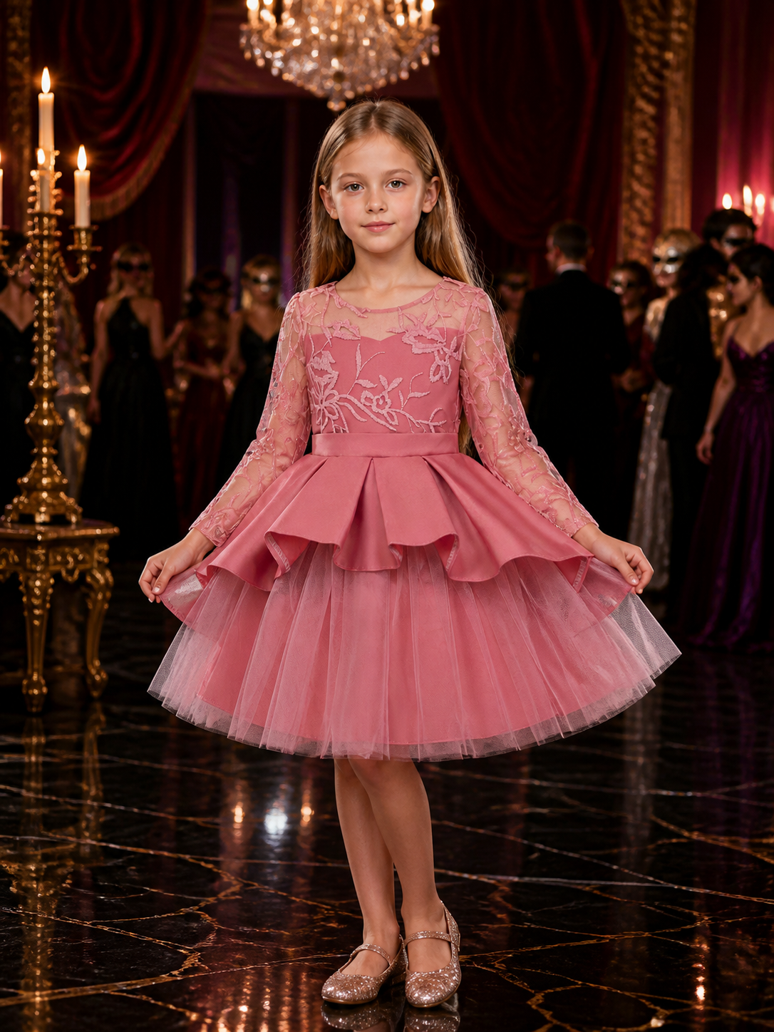 Girls' Pink Princess Flower Girl Baptism Dress, Embroidered Lace Tulle Costume Dresses detail