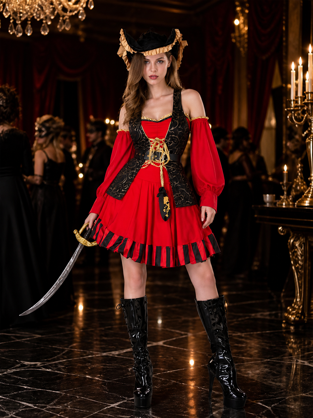 Pirate Halloween Costume Set, Red Black Gold Dress with Hat and Sleeves Costume Dresses detail