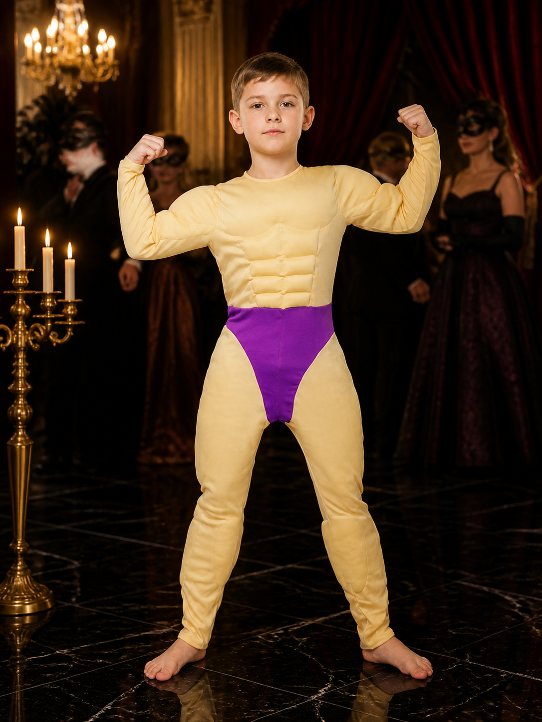 Kids' Funny Padded Muscle Bodysuit Costume, Yellow and Purple Halloween Cosplay Costumes detail