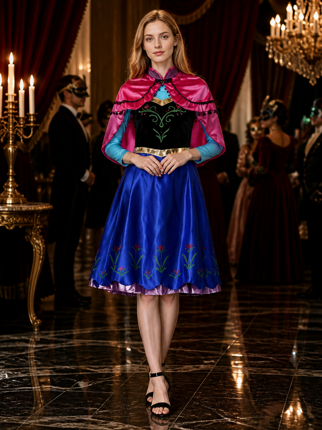 Women's Princess Costume Set, Blue Embroidered Dress with Pink Cape and Gold