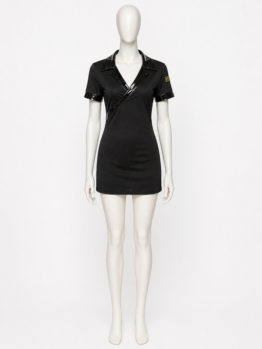 Women's V-Neck Police Costume Dress, Black Short Halloween Outfit with Belt and