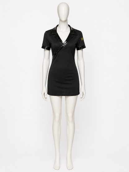 Women's V-Neck Police Costume Dress, Black Short Halloween Outfit with Belt and