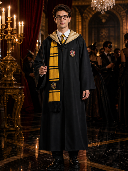 Hufflepuff Wizard Costume Set, Hooded Robe With Tie, Scarf, Glasses & Wand Costume Accessories detail