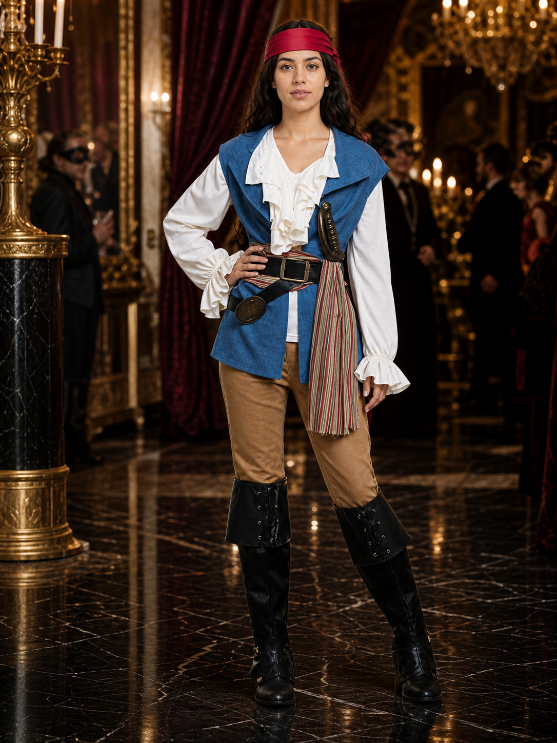 Adult Pirate Costume Set with Vest, Shirt, Pants, Headpiece and Boot Covers Costume Headwear detail