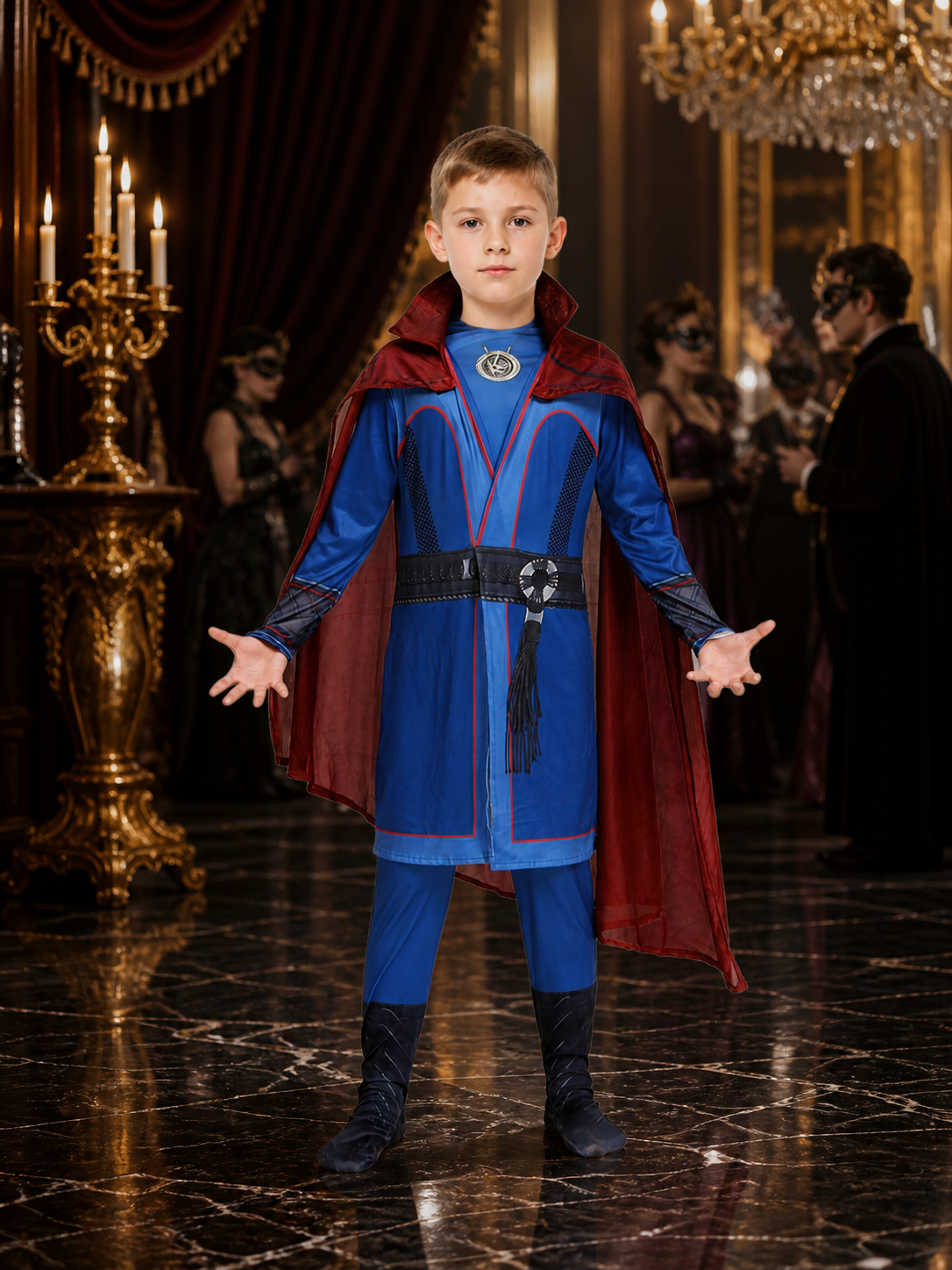 Kids Wizard Costume Set with Red Cape and Blue Robe, Halloween Outfit with Belt Costume Capes detail