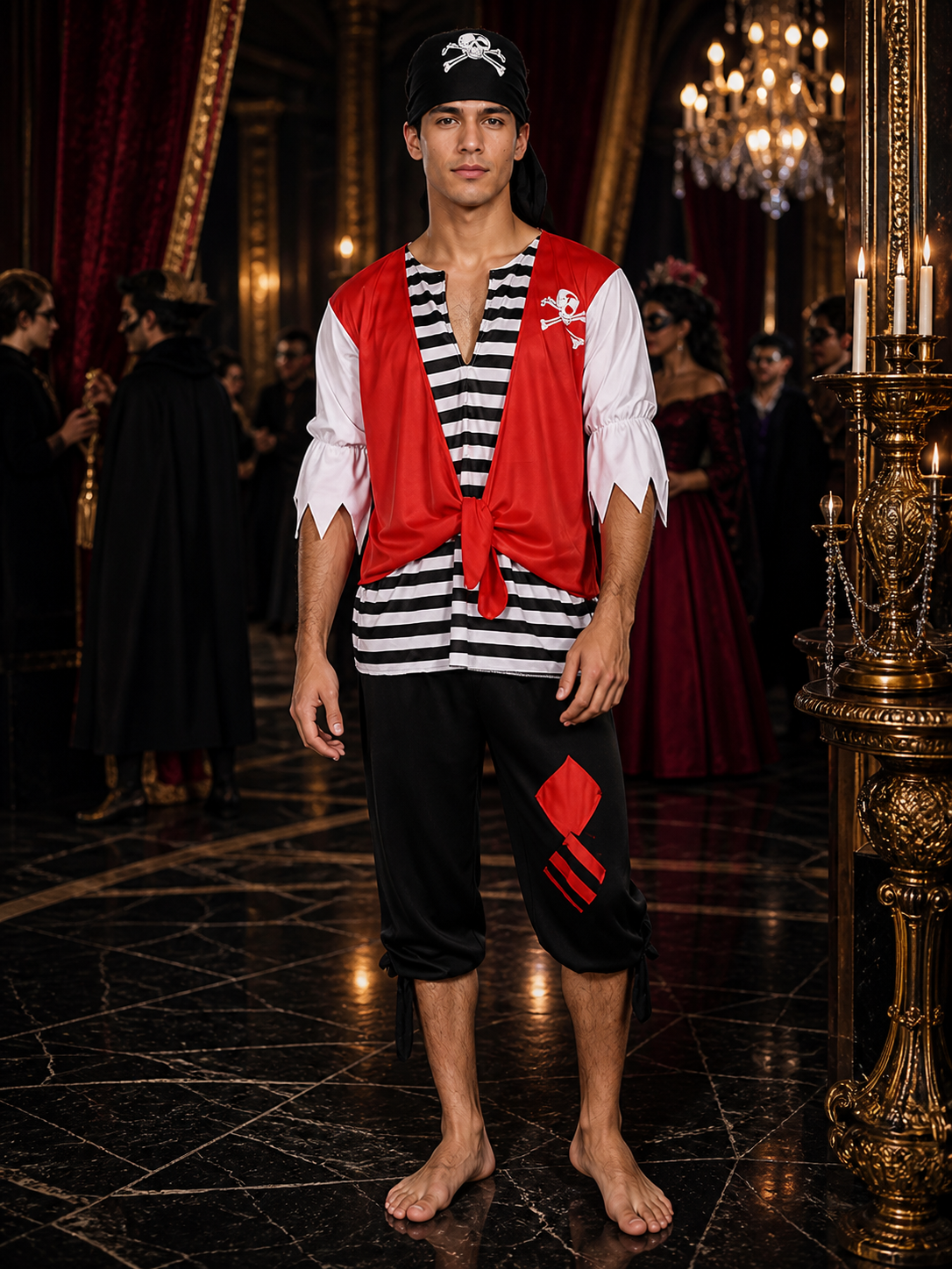 Adult Pirate Halloween Costume Set, Lace-Up Red Vest Top, Black/White Striped Costumes detail