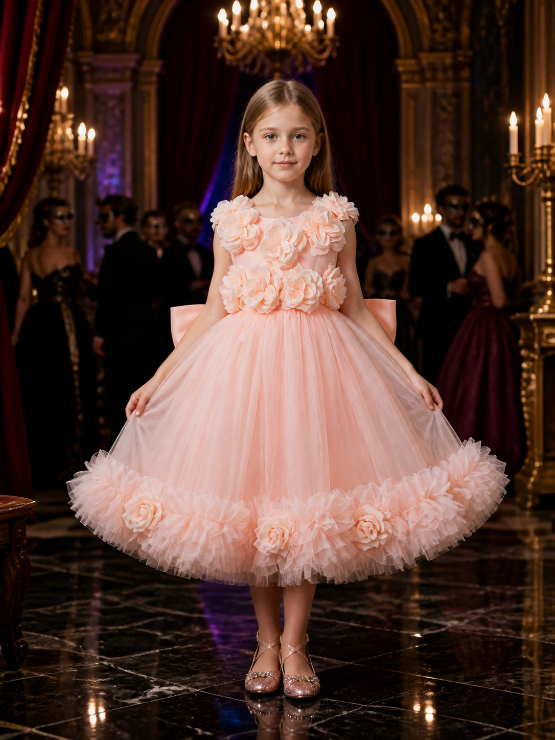 Girls' Princess Flower Girl Dress, Layered Tulle Rose Detail Ruffle Gown Costume Dresses detail