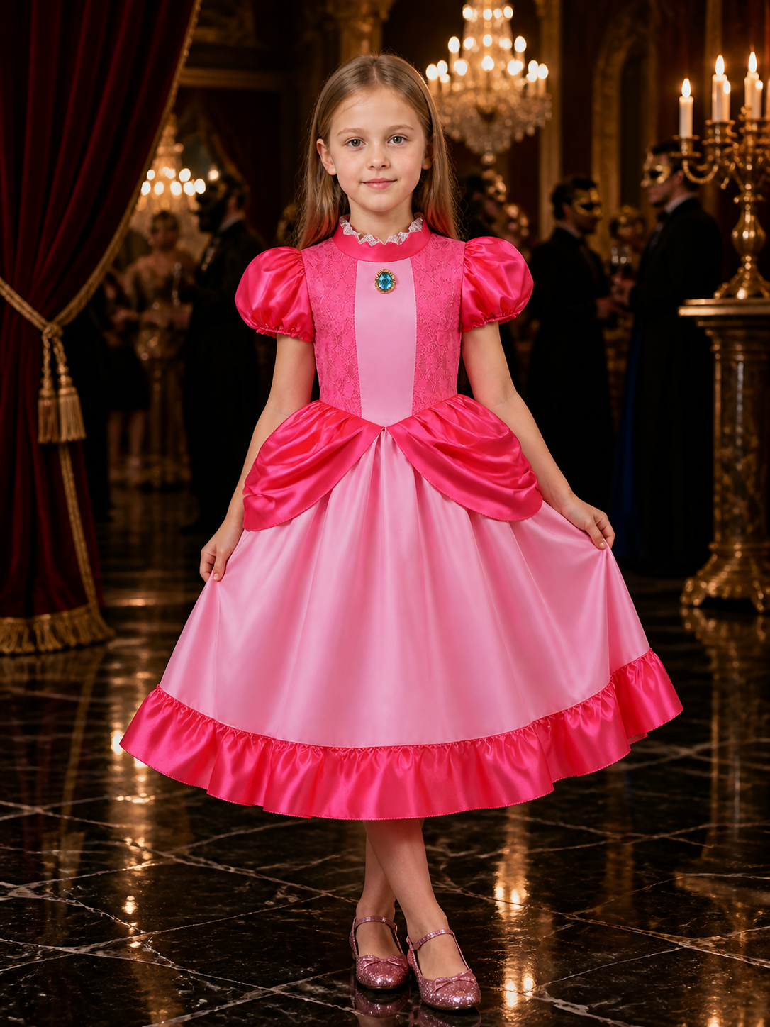 Kids Pink Princess Halloween Costume Dress, Lace Ball Gown with Ruffles Costume Dresses detail