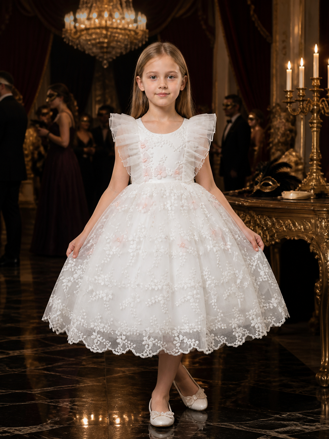 Girls' White Embroidered Tulle Princess Dress With Layered Flutter Sleeves, Ages Costume Dresses detail