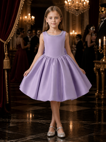 Girls' Light Purple Flower Girl Princess Dress, Sleeveless Pearl-Beaded A-Line Costume Dresses detail