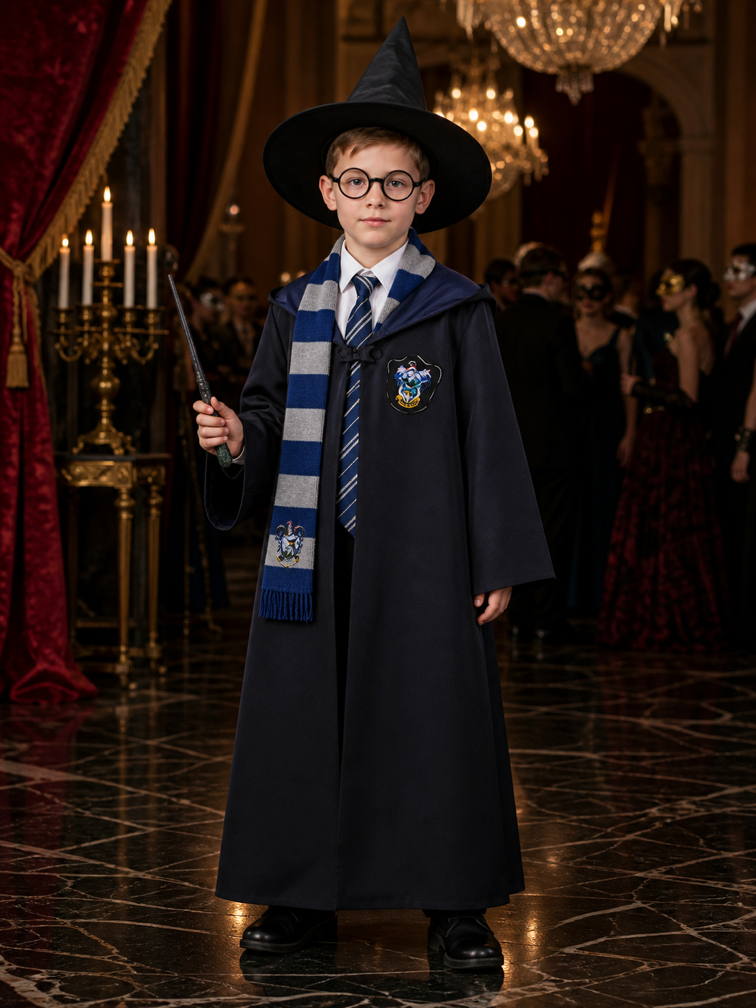 Long Black Wizard Robe Costume Set with Academy Badge, Striped Tie, Scarf Costumes detail