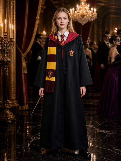 Red and Gold Hooded Wizard Robe Costume Set with Tie and Scarf for Halloween Costumes detail