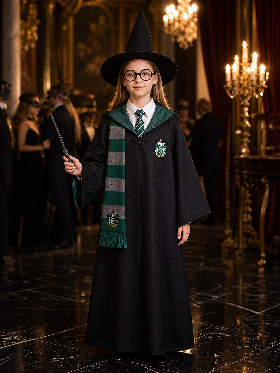 Kids Wizard School Costume Set With Green & Black Robe, Scarf, Tie, Glasses Costumes detail