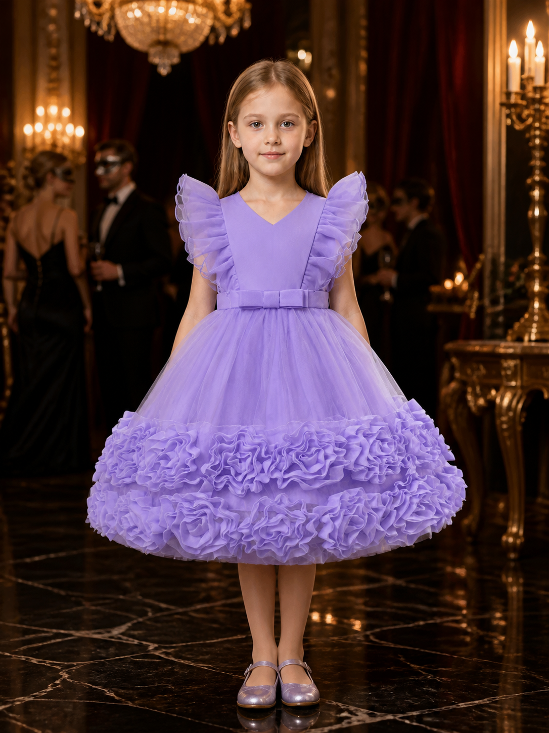 Toddler Girls' Lavender Princess Dress, Layered Tulle Skirt With Rose Trim And Costume Dresses detail