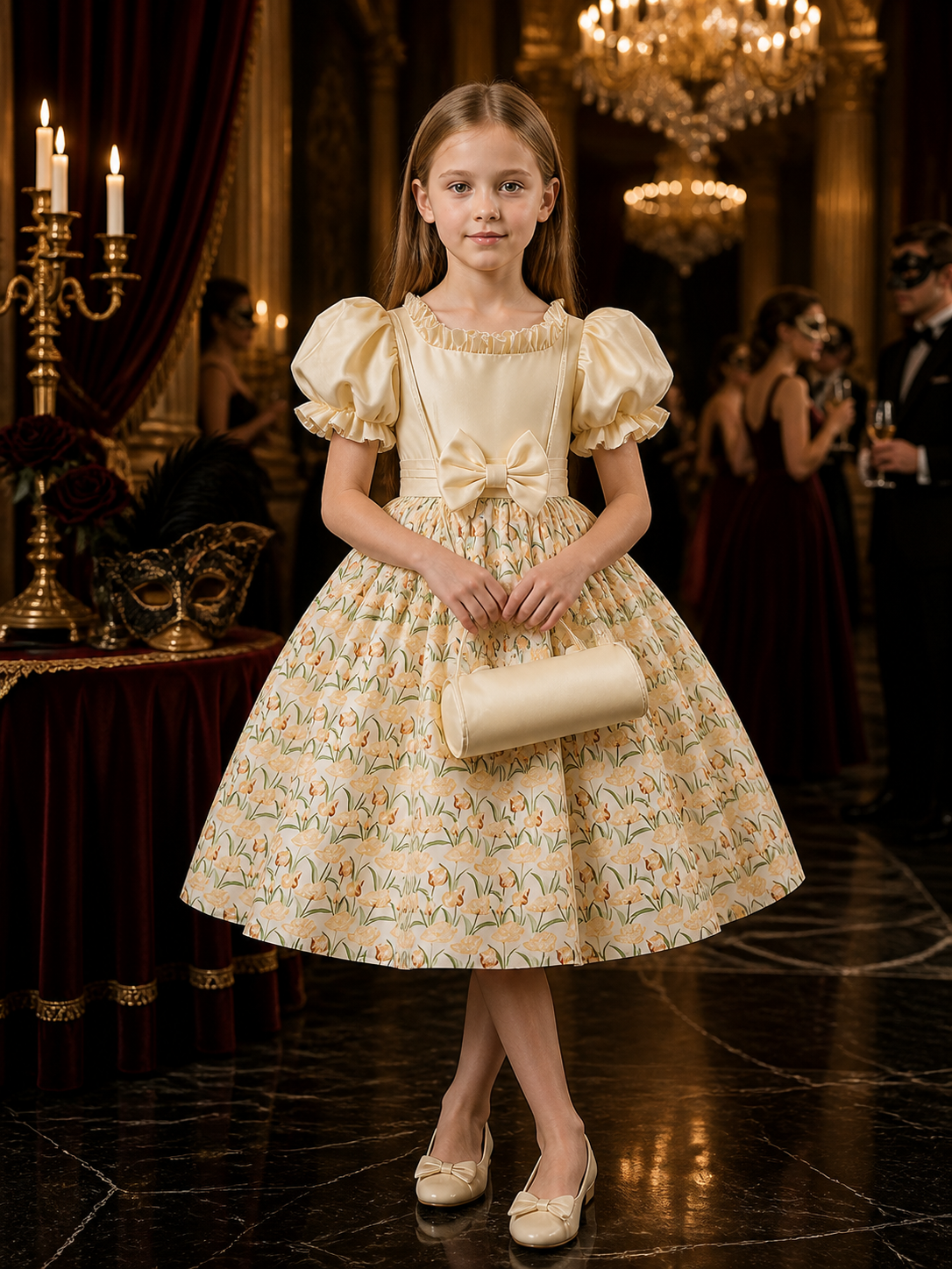 Girls' Floral Print Princess Dress With Puff Sleeves And Bow Costume Dresses detail