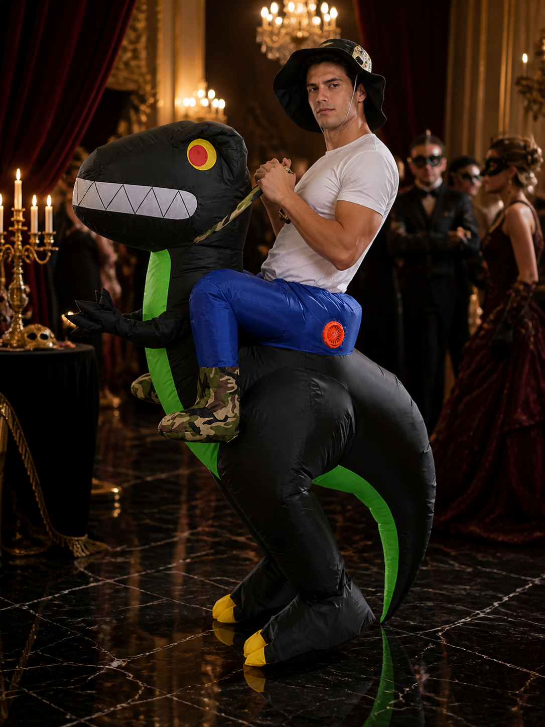 Black Green Inflatable Dinosaur Costume, Funny Blow Up T-Rex Suit with Long Costumes detail