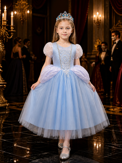 Girls Cinderella Princess Dress Costume with Crown, Puffy Sleeves and Tutu Skirt Costume Dresses detail