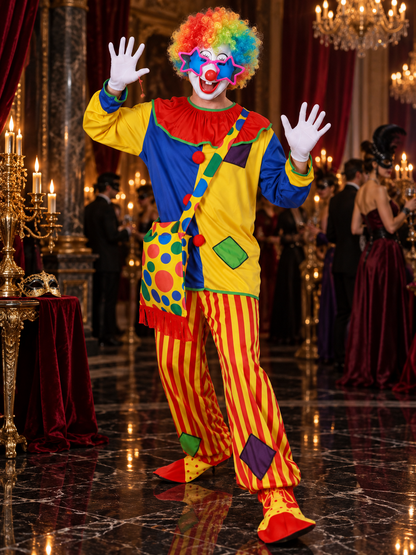 Clown Costume with Wig, Mask, Bow, and Ruffled Collar