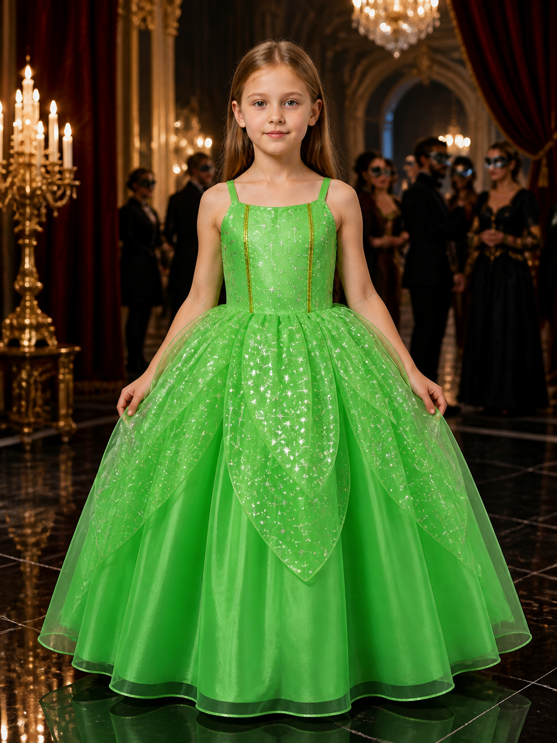 Kids Green Princess Dress Costume with Glitter Stars and Tutu Skirt for Costume Dresses detail