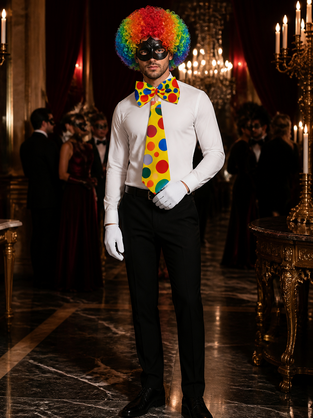 Colorful Unisex Clown Costume Accessory Set with Wig, Red Nose, Bow Tie & Gloves Costume Wigs detail