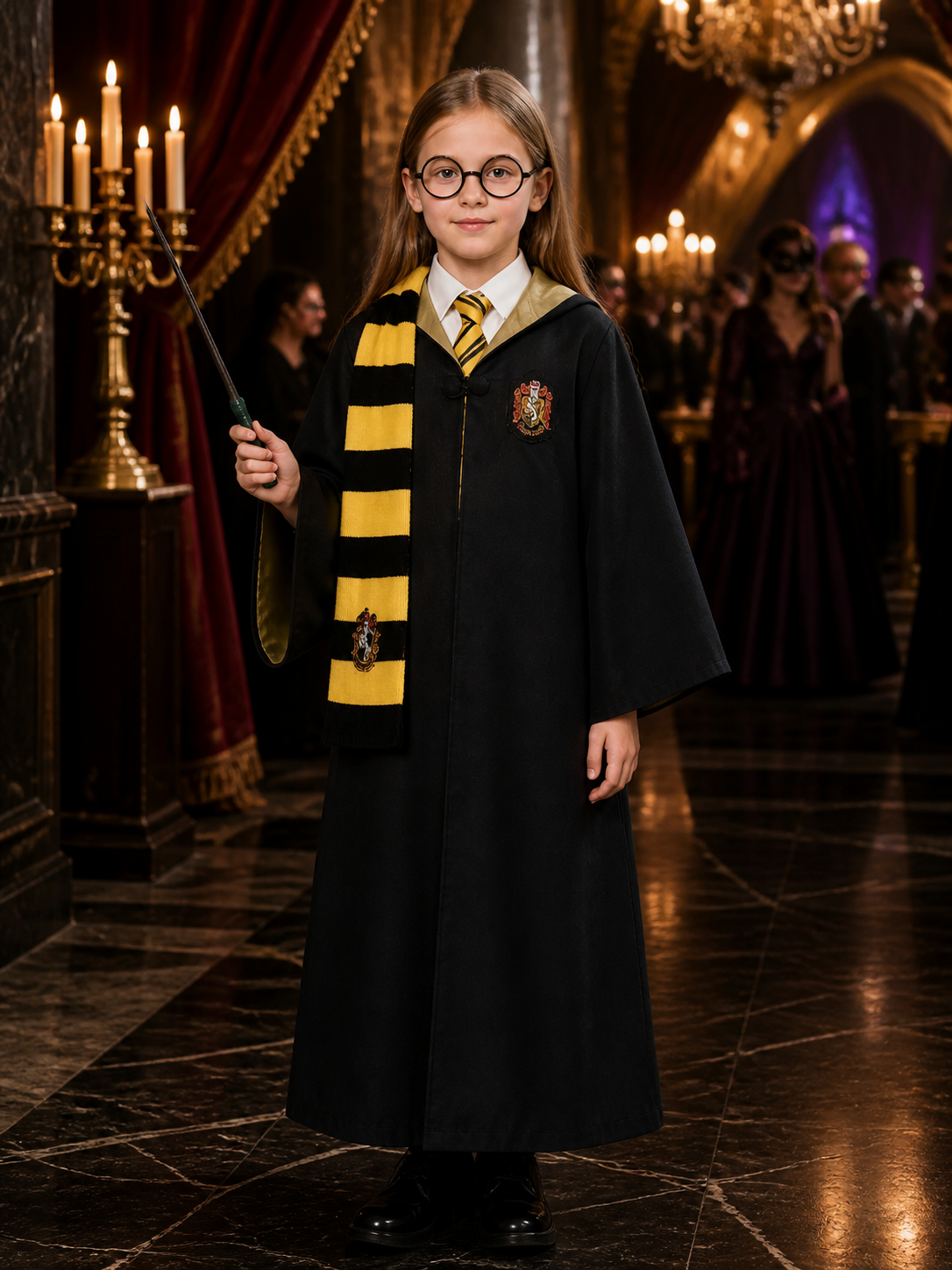 Wizard Costume Set, Black And Yellow Robe With Scarf, Tie, Wand And Glasses Costume Accessories detail