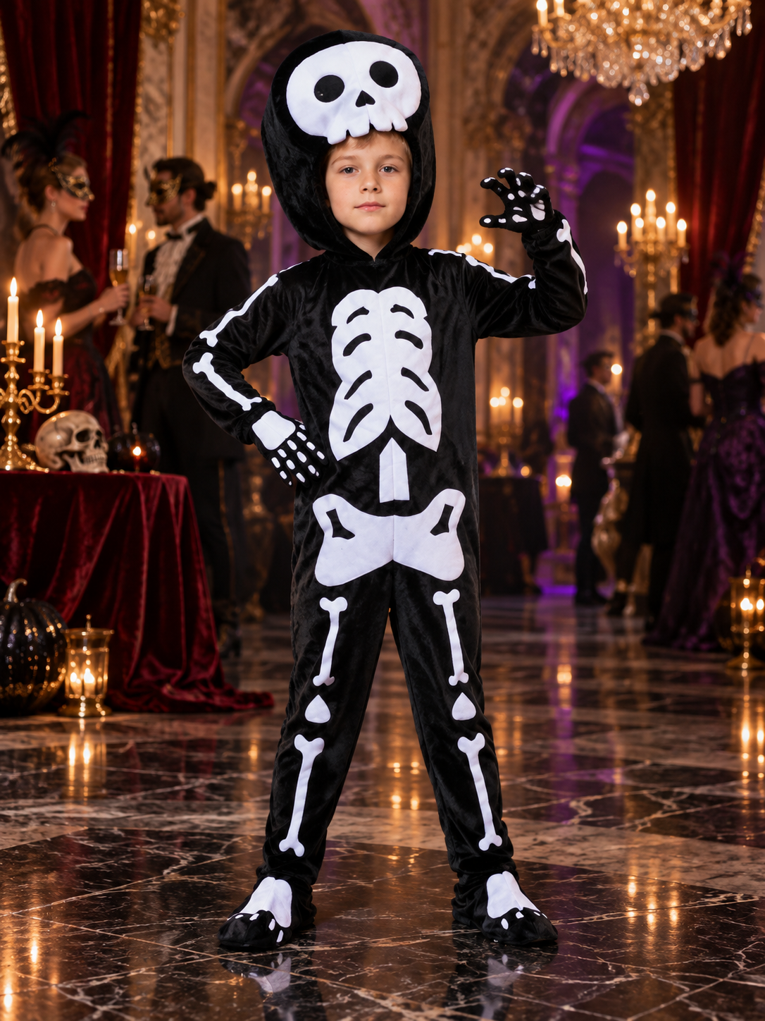 Plush Skeleton Costume Black with White Print and Hood