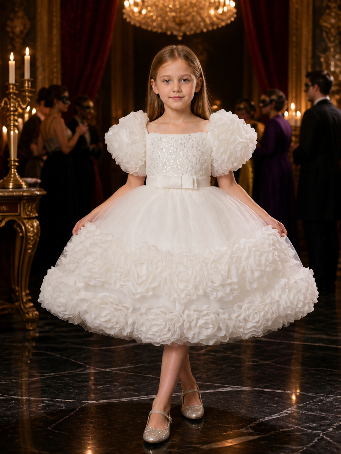 Toddler Girls' White Sequined Princess Dress with Ruffled Skirt and Bow Costume Dresses detail