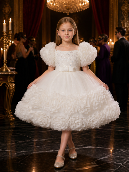Toddler Girls' White Sequined Princess Dress with Ruffled Skirt and Bow Costume Dresses detail