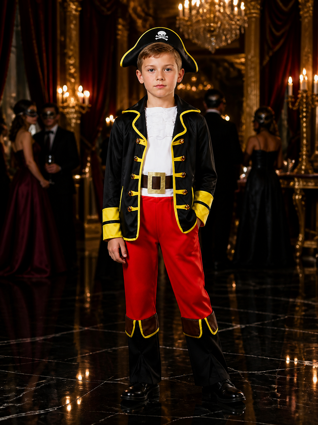 Kids Pirate Costume Set, Black and Red Jacket with Pants, Skull Print Halloween Costumes detail