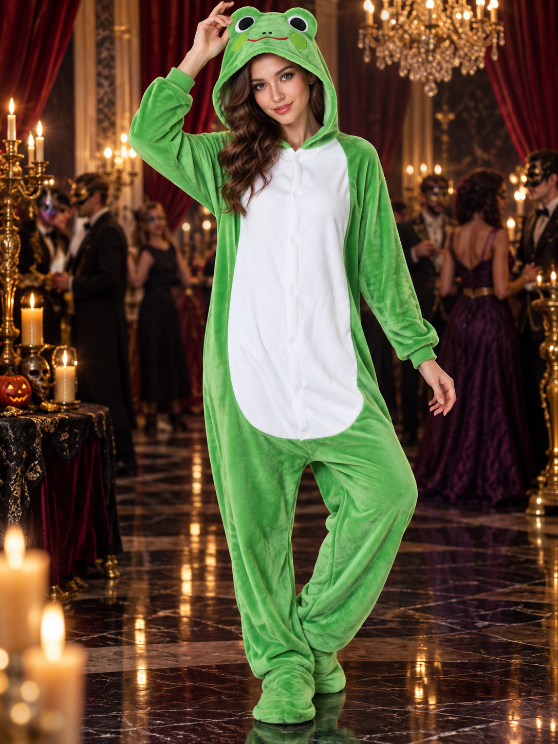 Green Hooded One-Piece Pajama with White Panel
