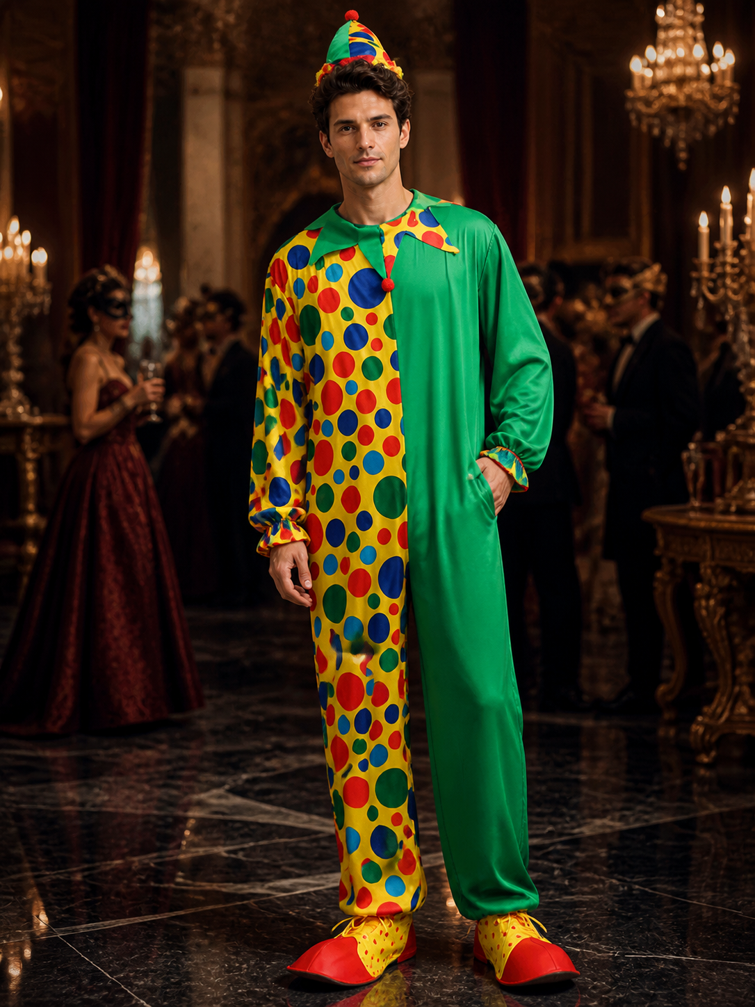 Unisex Adult Clown Jumpsuit Costume with Hat, Polka Dot Print & Color Block Costume Headwear detail