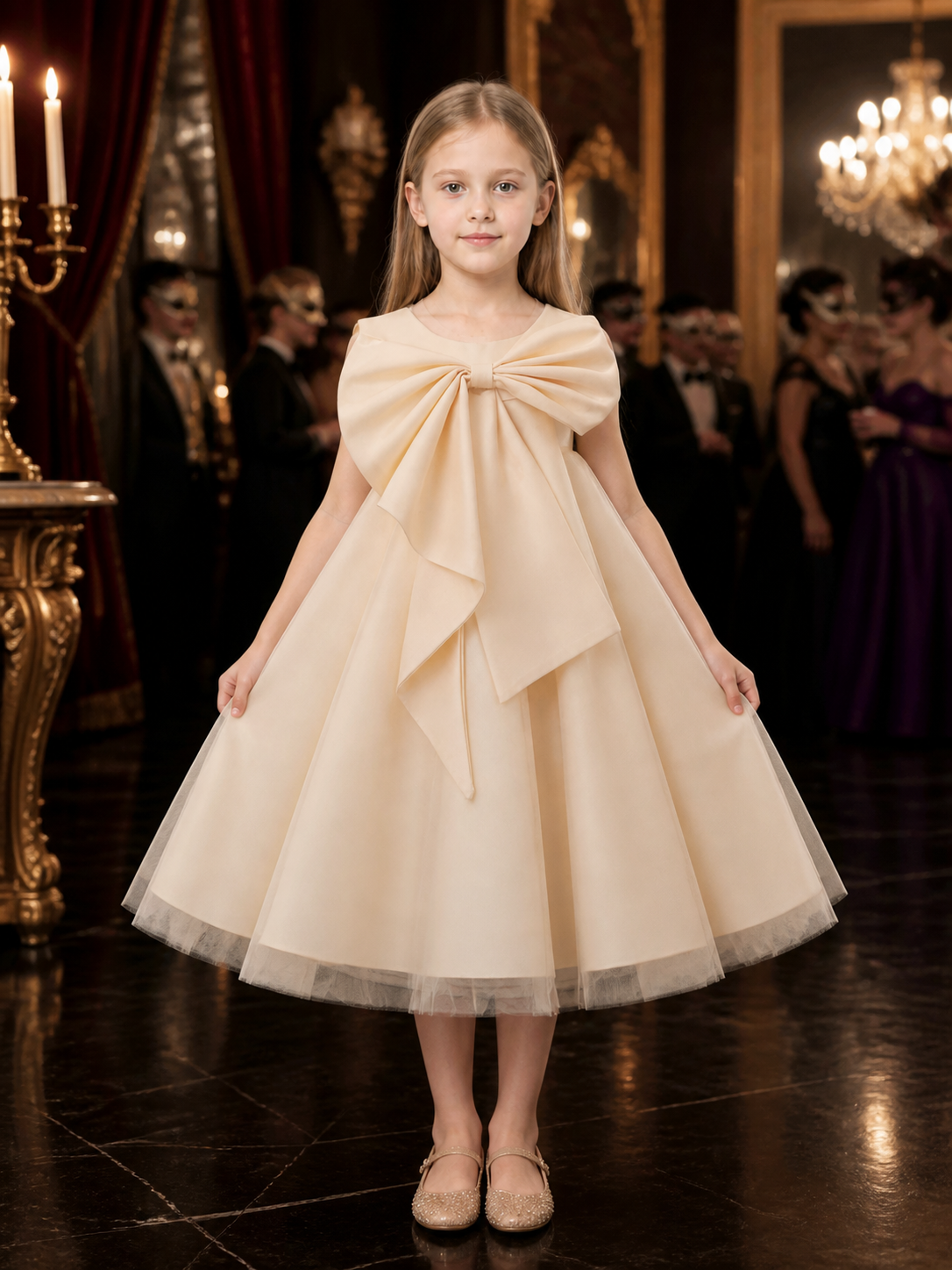 Girls' Champagne Flower Girl Dress with Large Bow and Layered Tulle Skirt Costume Dresses detail