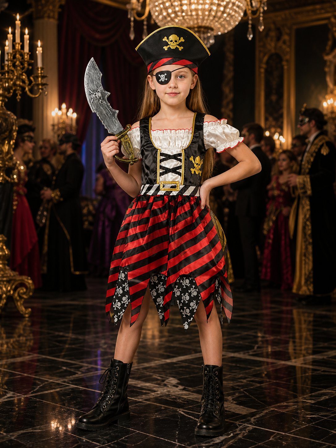 Kids Pirate Costume Dress Set with Hat, Eyepatch & Toy Sword for Halloween Role Costume Dresses detail