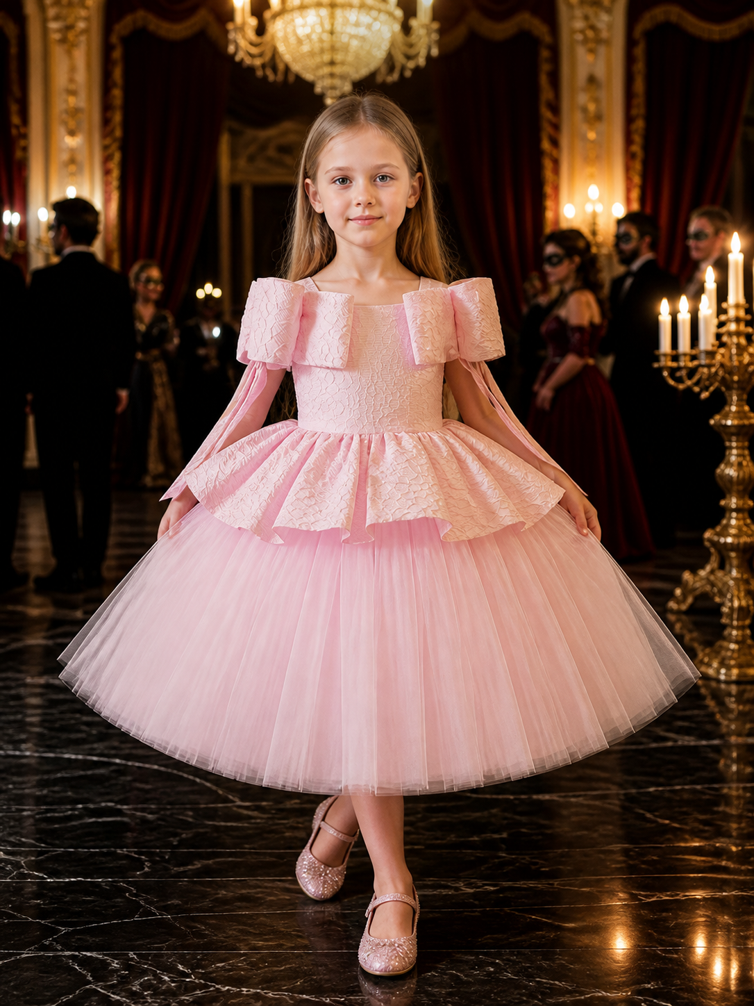 Baby Girls' Pink Princess Dress with Lace Bodice, Ruffle Sleeves and Layered Costume Dresses detail